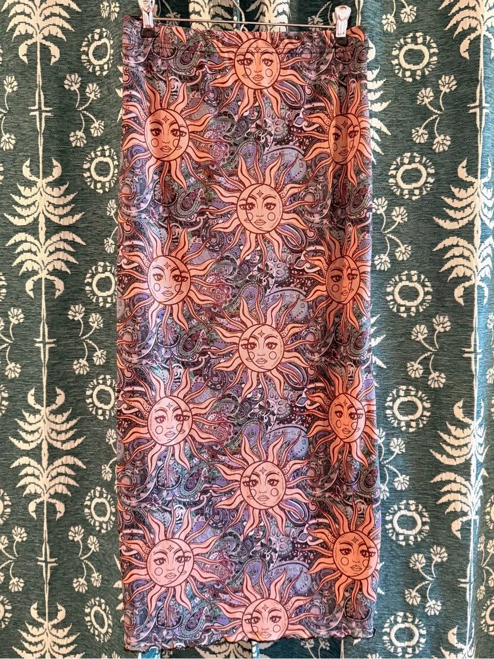SHEIN MOD Sun Print Lettuce Trim Celestial Motif Maxi Skirt Medium - Picture 10 of 14